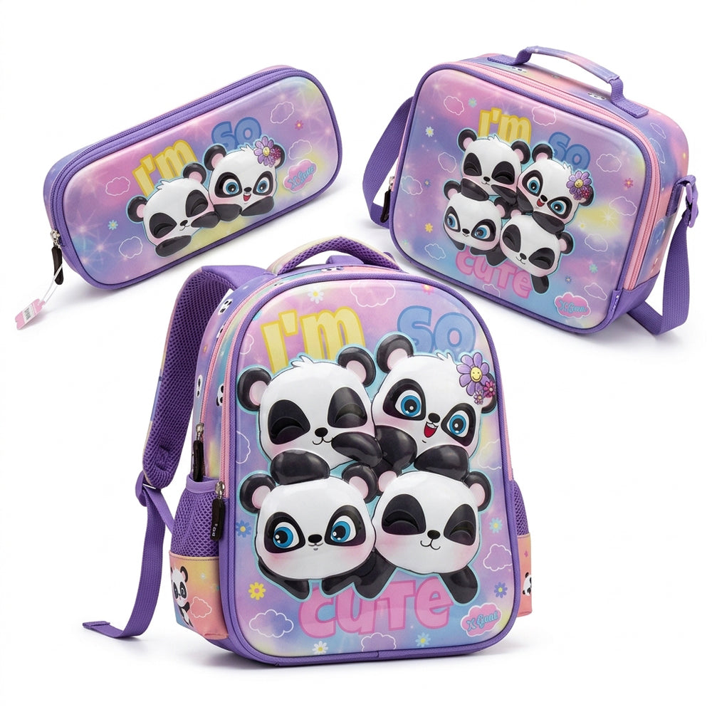 Mochila Combo Escolar Infantil "Pandas 3D" X Gear Ab0701